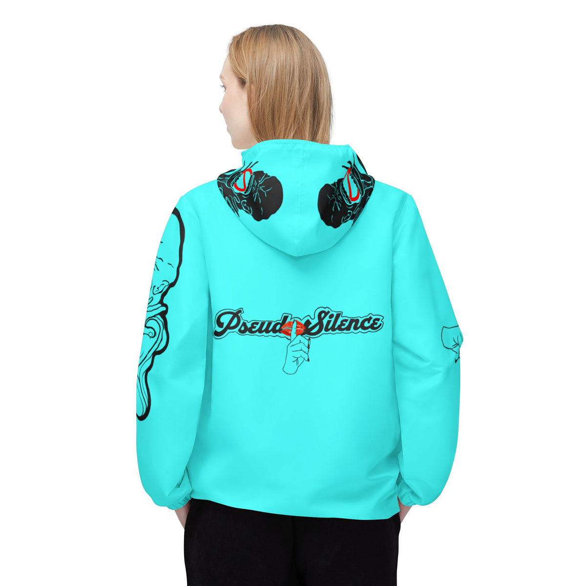 Aqua Blue 'PseudoSilence' Graphic Windbreaker Jacket — Lightweight Hooded Streetwear