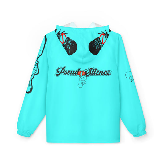 Aqua Blue 'PseudoSilence' Graphic Windbreaker Jacket — Lightweight Hooded Streetwear