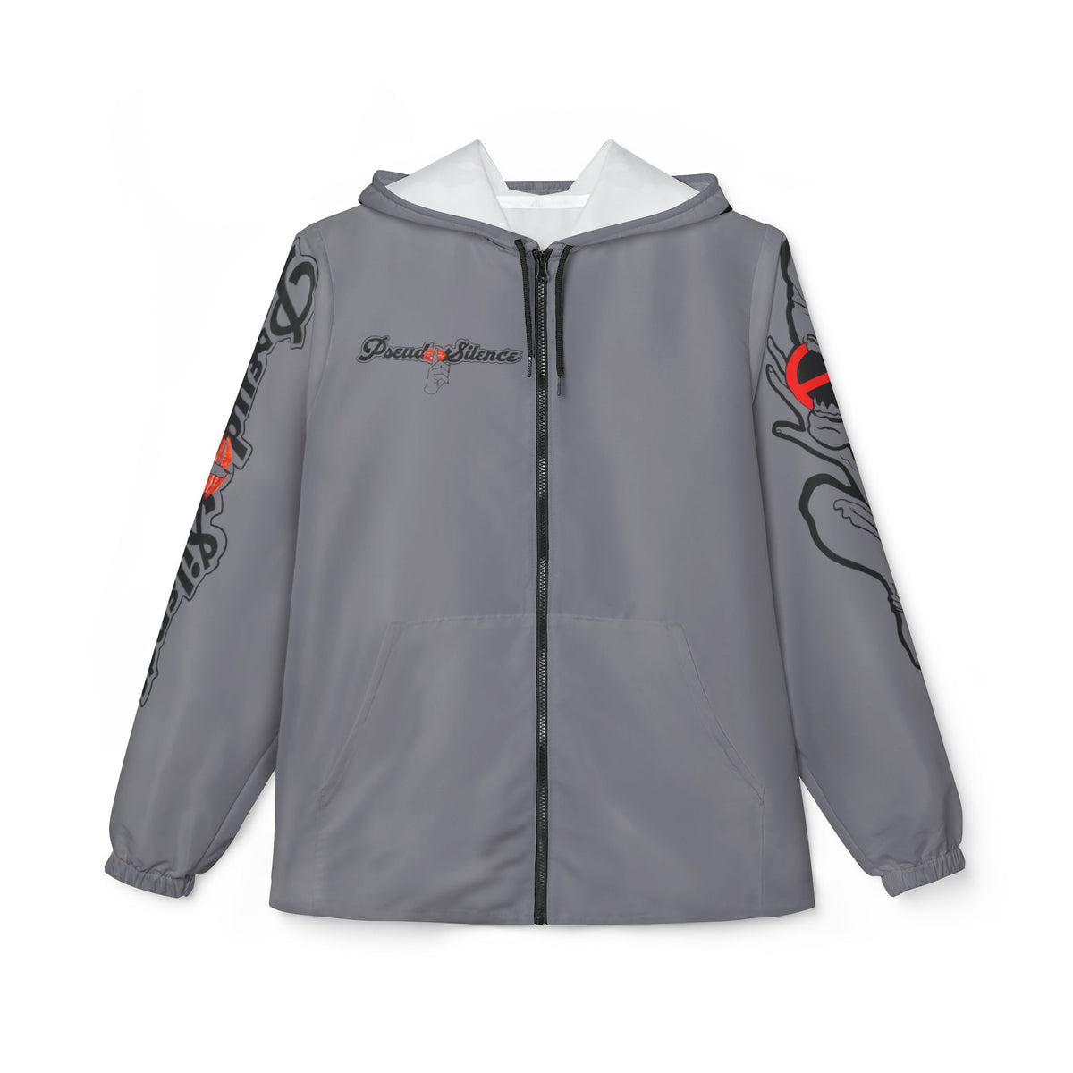 Grey 'PseudoSilence' Graphic Windbreaker Jacket — Lightweight Hooded Streetwear