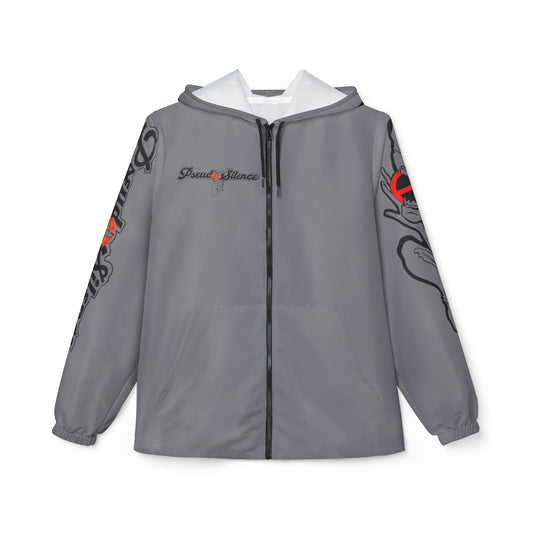 Grey 'PseudoSilence' Graphic Windbreaker Jacket — Lightweight Hooded Streetwear