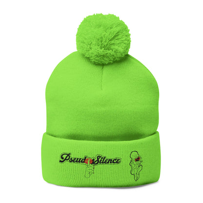 Embroidered Pom-Pom Knit Cap — 'PseudoSilence' Floral Beanie
