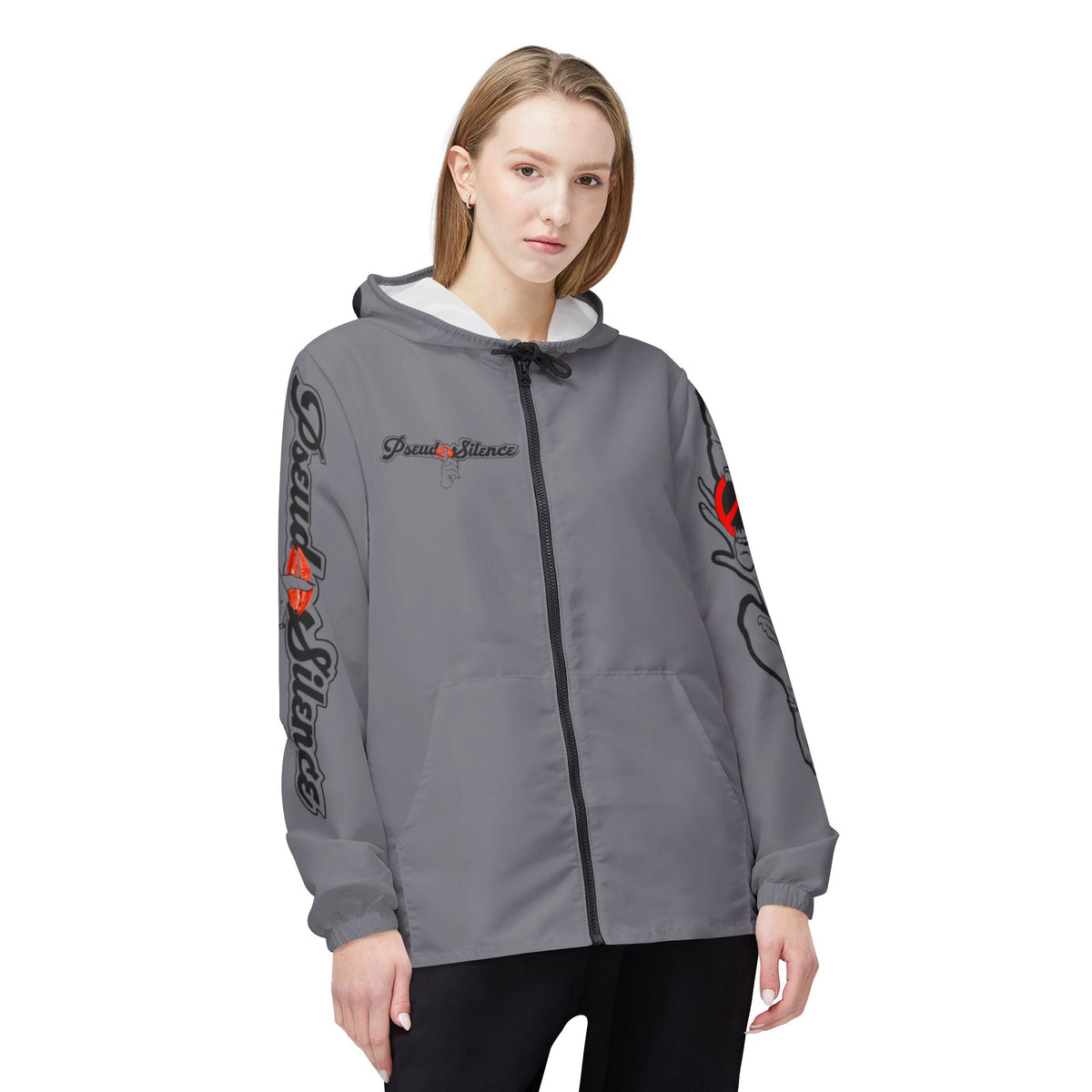 Grey 'PseudoSilence' Graphic Windbreaker Jacket — Lightweight Hooded Streetwear