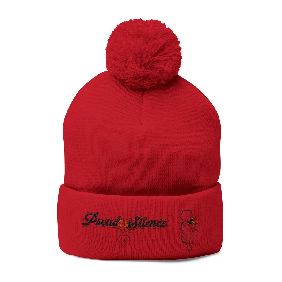 Embroidered Pom-Pom Knit Cap — 'PseudoSilence' Floral Beanie