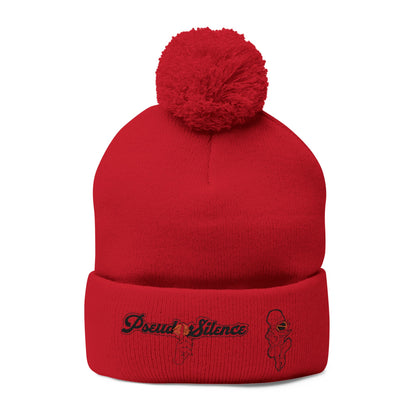 Embroidered Pom-Pom Knit Cap — 'PseudoSilence' Floral Beanie