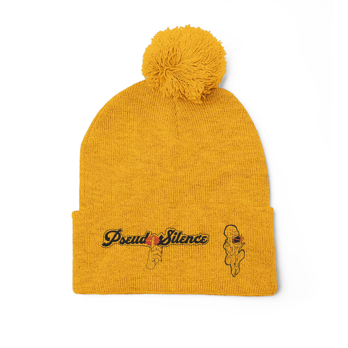 Embroidered Pom-Pom Knit Cap — 'PseudoSilence' Floral Beanie