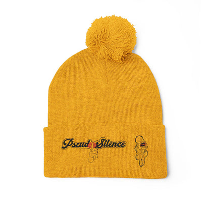 Embroidered Pom-Pom Knit Cap — 'PseudoSilence' Floral Beanie