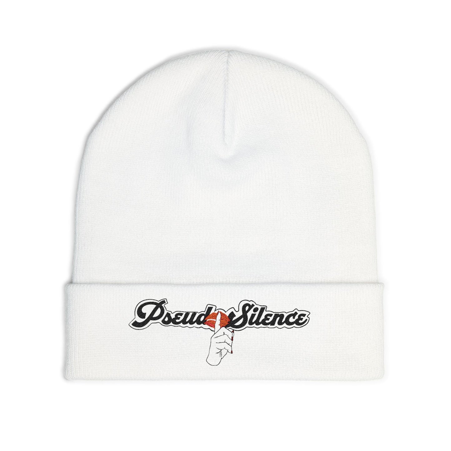 Embroidered “PseudoSilence - HUSH!” Knit Beanie — White