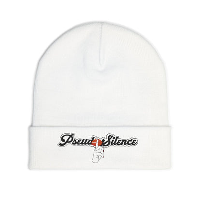 Embroidered “PseudoSilence - HUSH!” Knit Beanie — White