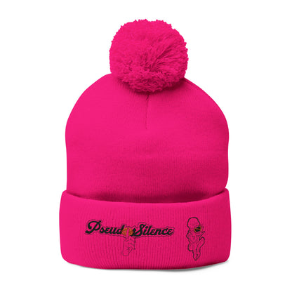 Embroidered Pom-Pom Knit Cap — 'PseudoSilence' Floral Beanie