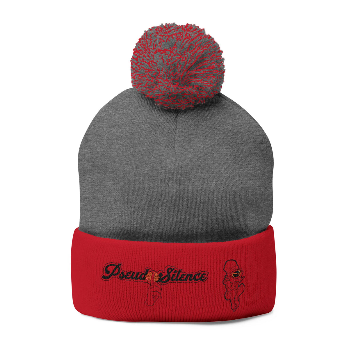 Embroidered Pom-Pom Knit Cap — 'PseudoSilence' Floral Beanie