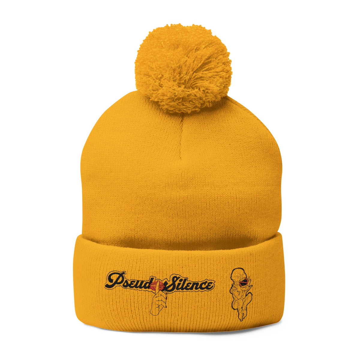 Embroidered Pom-Pom Knit Cap — 'PseudoSilence' Floral Beanie