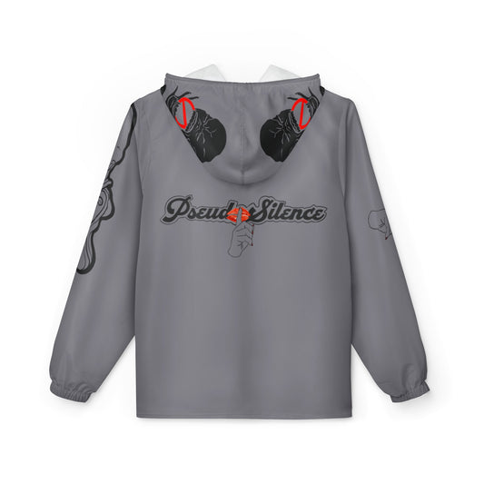 Grey 'PseudoSilence' Graphic Windbreaker Jacket — Lightweight Hooded Streetwear