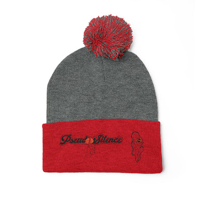 Embroidered Pom-Pom Knit Cap — 'PseudoSilence' Floral Beanie
