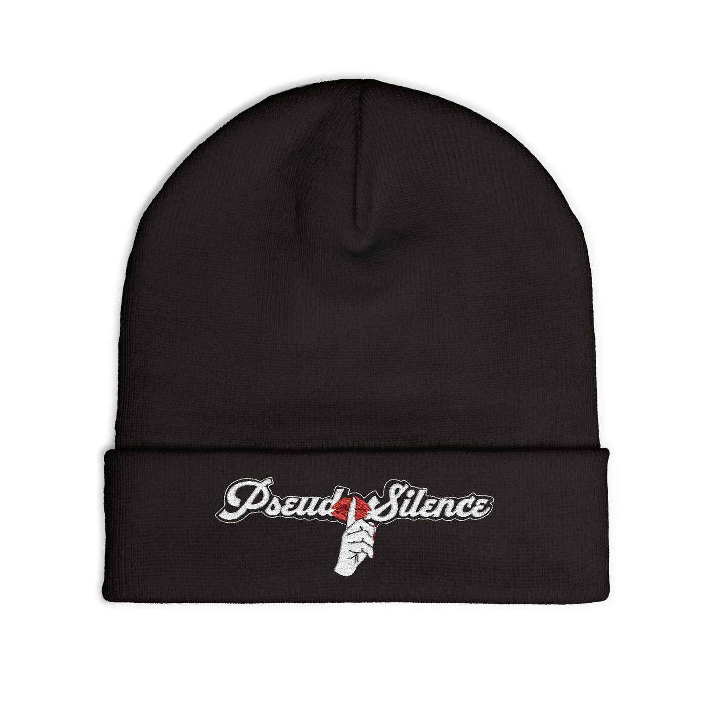 Embroidered "PseudoSilence - HUSH!" Knit Beanie — Black