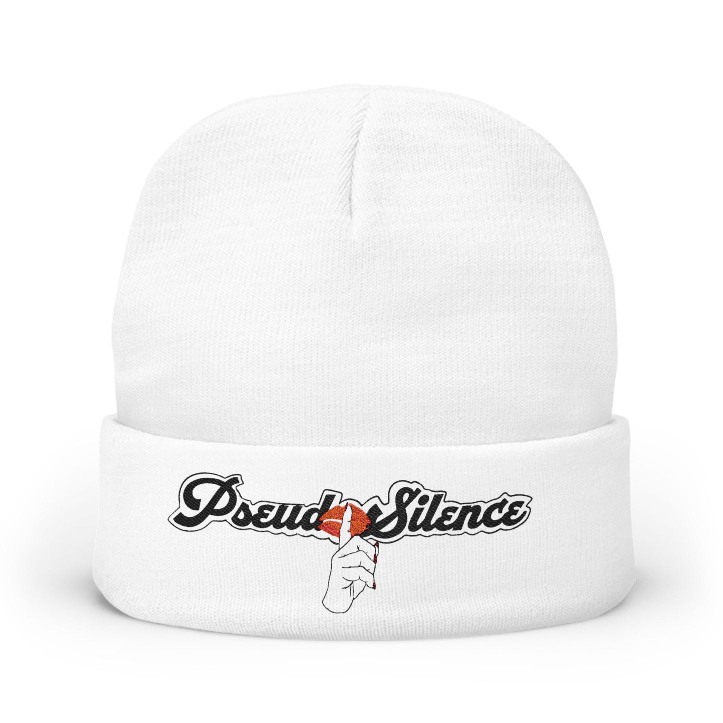 Embroidered “PseudoSilence - HUSH!” Knit Beanie — White