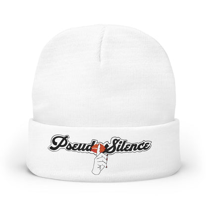 Embroidered “PseudoSilence - HUSH!” Knit Beanie — White