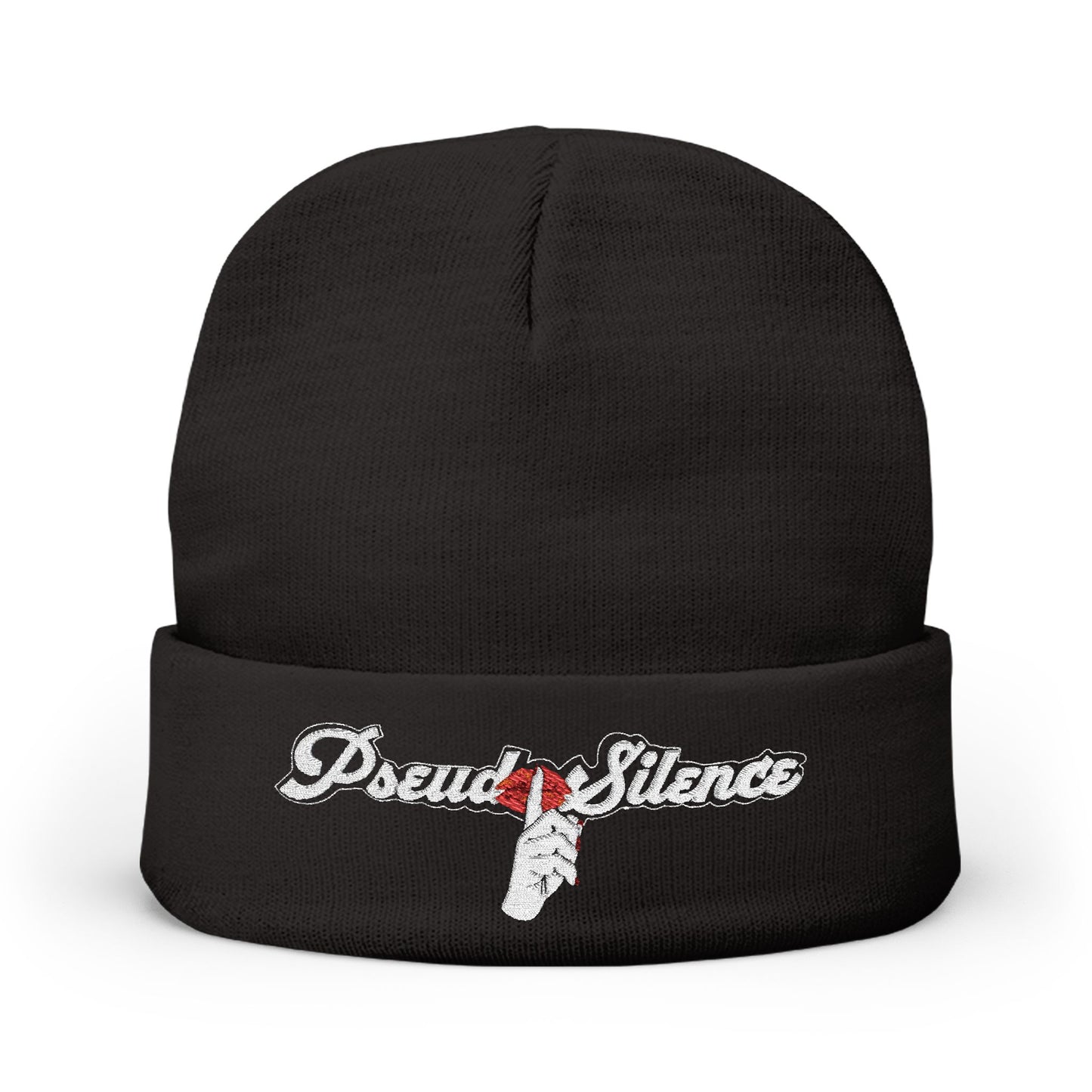 Embroidered "PseudoSilence - HUSH!" Knit Beanie — Black