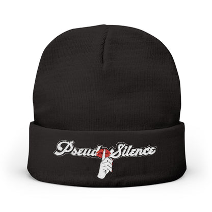 Embroidered "PseudoSilence - HUSH!" Knit Beanie — Black