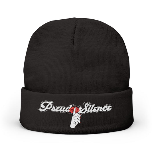 Embroidered "PseudoSilence - HUSH!" Knit Beanie — Black