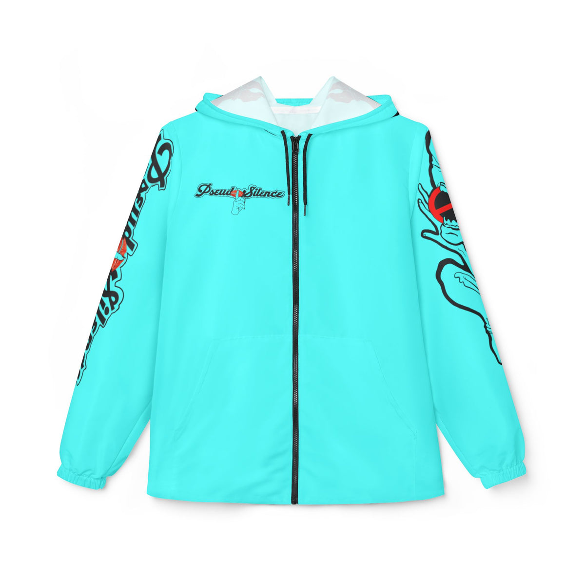 Aqua Blue 'PseudoSilence' Graphic Windbreaker Jacket — Lightweight Hooded Streetwear