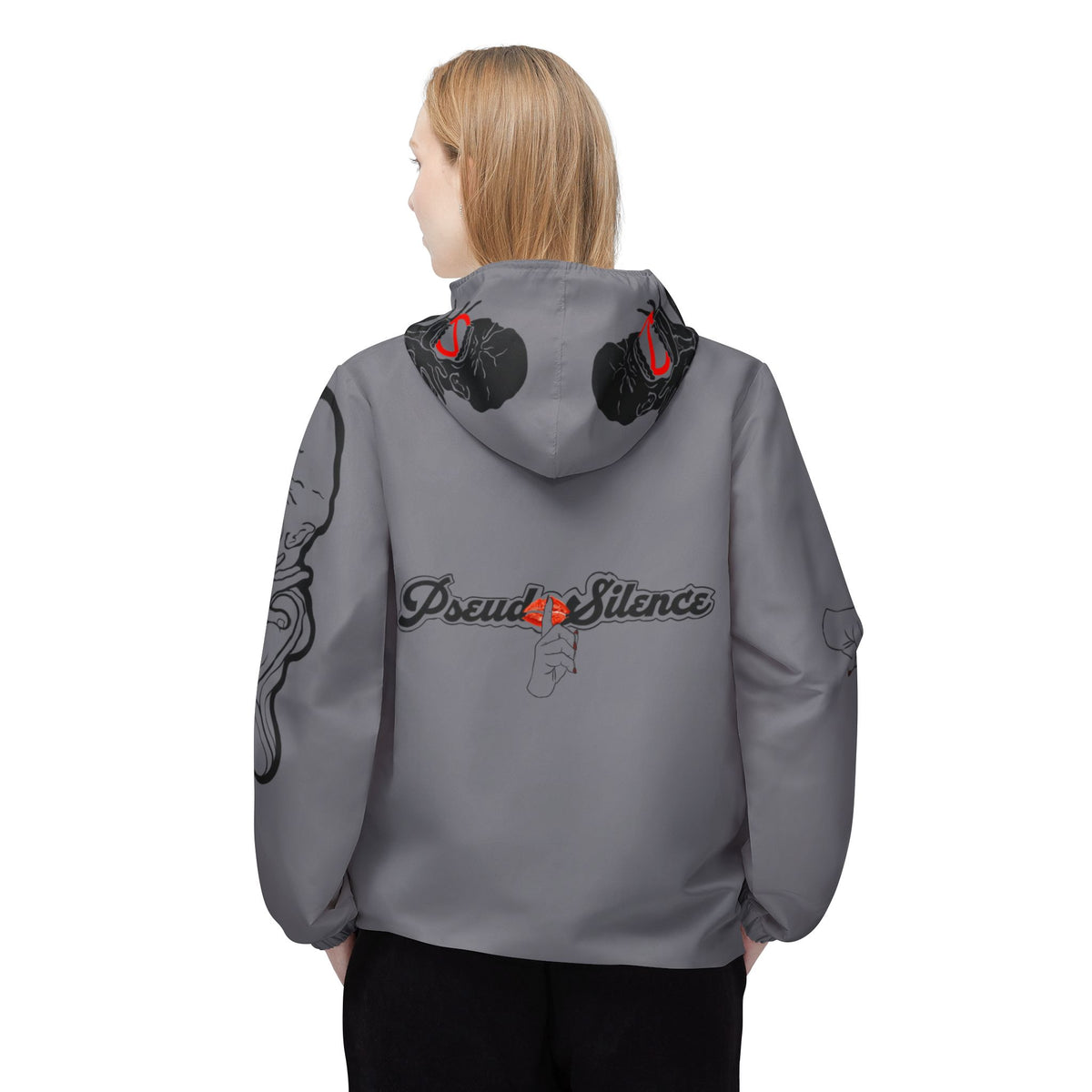 Grey 'PseudoSilence' Graphic Windbreaker Jacket — Lightweight Hooded Streetwear